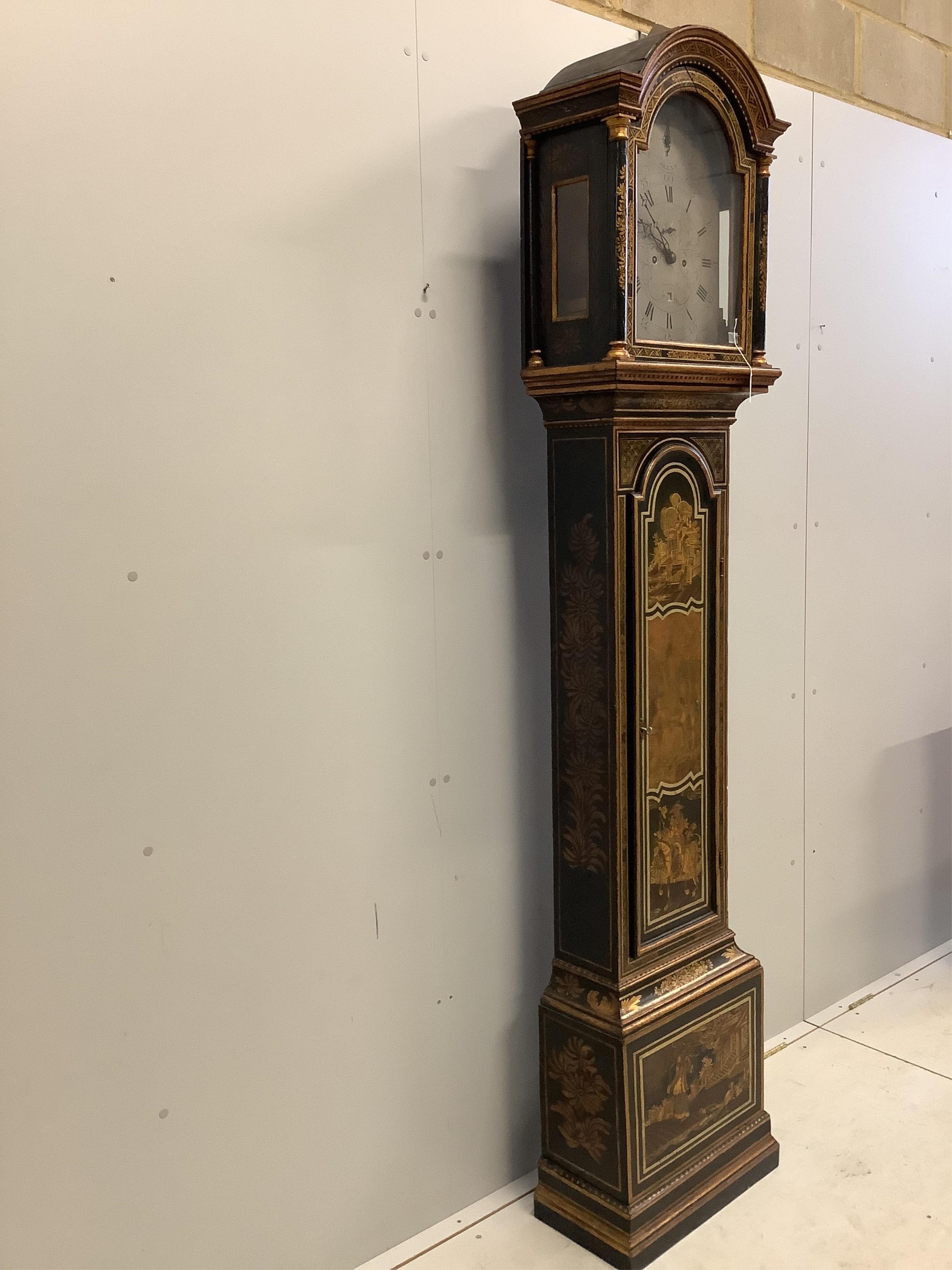 A chinoiserie lacquered eight day longcase clock, Jno. Haydon Windsor, height 222cm. Condition - fair to good